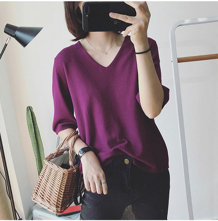 楽天市場 Vネック ニット トップス ニットソー フィット シルエット リブ カットソー きれいめ インナー ゆったり 無地 レディース ニット セーター 五分袖 長袖 2タイプ選べる 秋新作 送料無料 Keiwa
