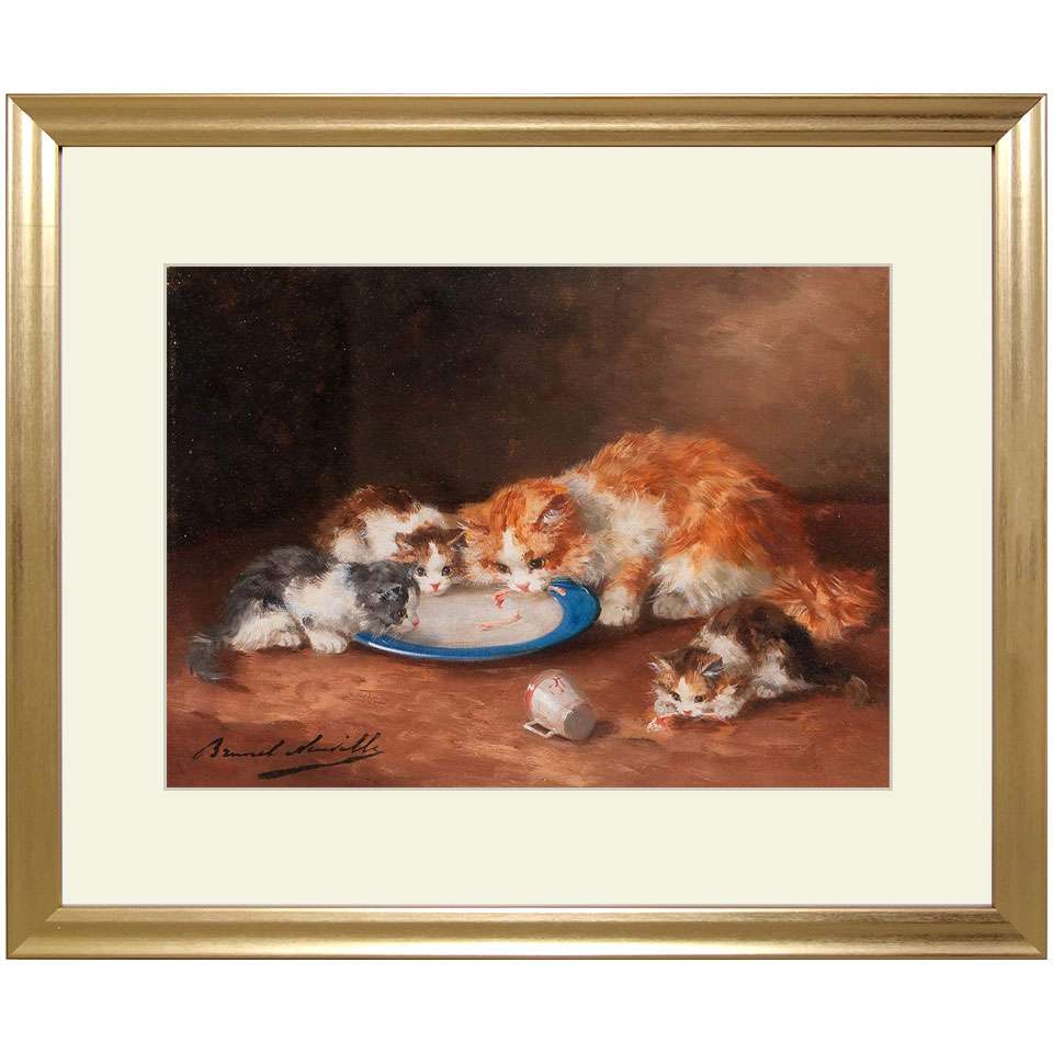 アルフレッド 三匹の子猫と母猫 ジクレー 複製画 額入り 額外寸47.5 