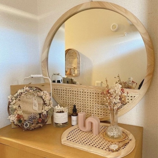 送料無料】壁掛けミラー ウォールミラー ラタン ミラー 鏡 壁掛け