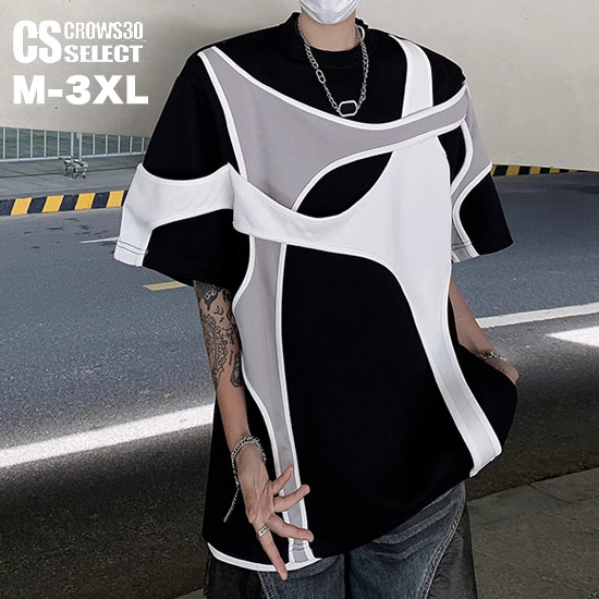 Tシャツ メンズ バイカラー 幾何学柄 モード系 Tシャツ メンズ ビッグカットソー メンズ V系 カットソー メンズ 大きいサイズ Tシャツ ユニセックス スカート男子 2024 春 夏 新作 お兄系 ホスト Y2K ファッション ビジュアル系 ファッション 地雷系 バンド ステージ衣装