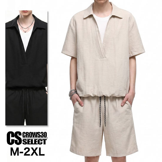 モード系 セットアップ メンズ Vネック ポロシャツ V系 カットソー モード系 ハーフパンツ メンズ モード系 メンズ tシャツ 短パン 派手 個性的 お兄系 ヴィジュアル系 ファッション 衣装 モード系 ユニセックス 韓国ファッション スカート男士|クローズCROWS-WHITEorBLACK-