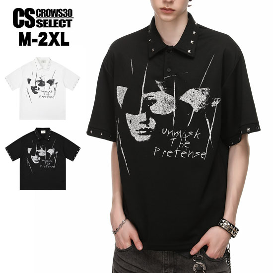 モード系 メンズ ポロシャツ メンズ スタッズ モード系 Tシャツ メンズ ボーダー ポロシャツ メンズ ロック系 ポロシャツ 半袖 カットソー 春 夏 新作 お兄系 ホスト V系 ヴィジュアル系 ファッション ストリート系ファッション スカート男士 衣装 V系ファッション｜クローズCROWS-WHITEorBLACK-