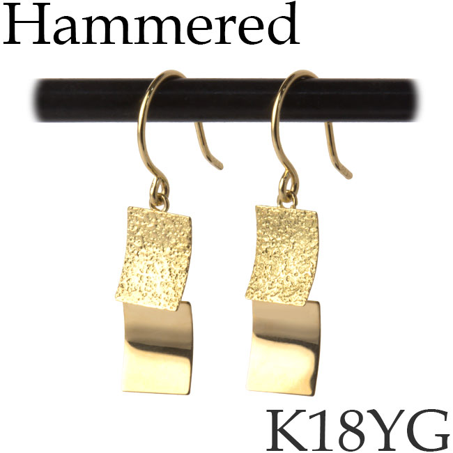 ピアス フックピアス 18Kイエローゴールド 槌目加工 地金ピアス ジプシー スクエア シンプル 18金 K18YG 18KYG 日本製 [sy][25-12]｜キューレット