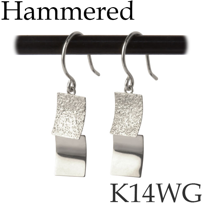 ピアス フックピアス 14Kホワイトゴールド 槌目加工 地金ピアス ジプシー スクエア シンプル 14金 K14WG 14KWG 日本製 送料無料 [sy]｜キューレット
