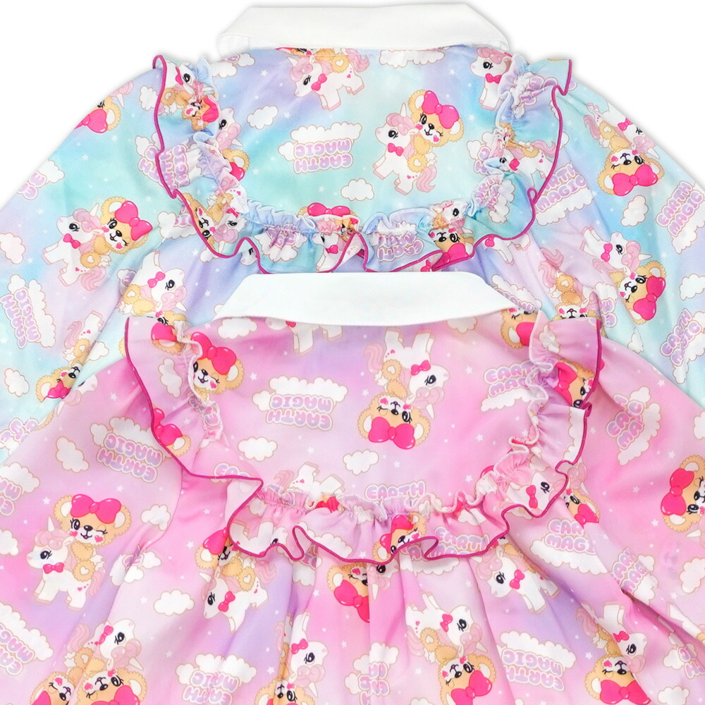 Earthmagic正規取扱店 8 24新作入荷 アースマジック 21秋冬 マフィー ユニコーン総柄襟付き長袖ワンピース フリルヨーク ハートロゴ 女児 女の子 子供服 キッズ ワンピース 100 110 1 130 140 ペールピンク サックス 水色 Sermus Es