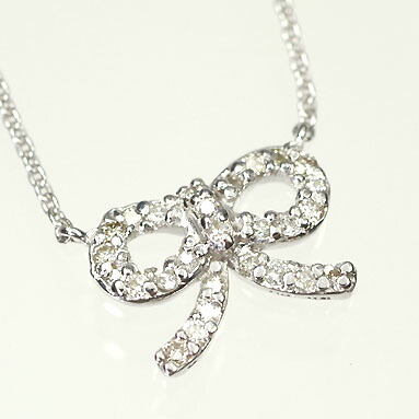 K18WG・ダイヤ0.13ct　リボンパヴェネックレス｜キュートジュエリー