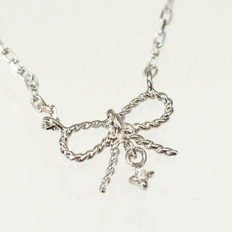 ダイヤモンド ネックレス K10WG・ダイヤ0.01ct　リボンペンダント（ネックレス）