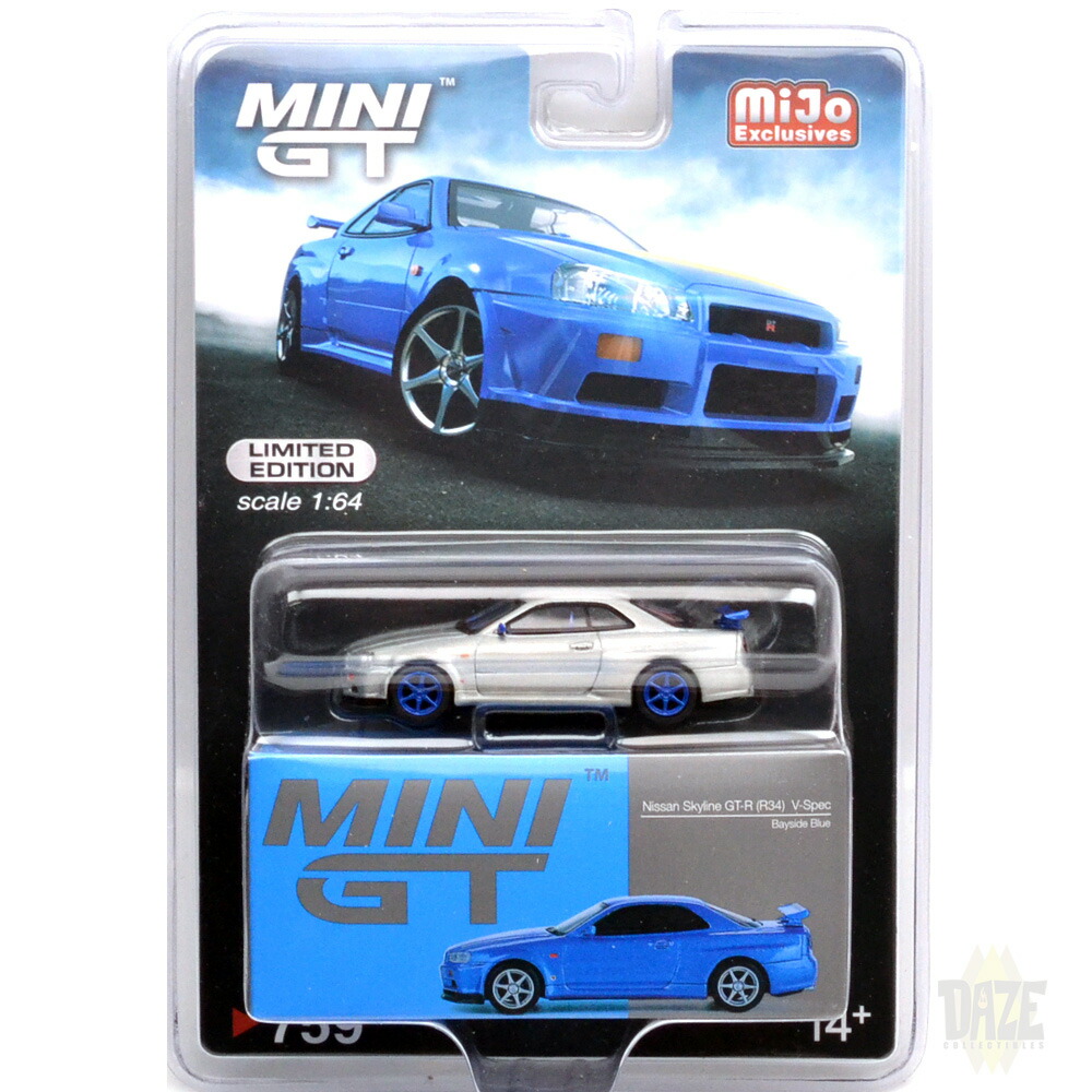 MiJo EXCLUSIVE - NISSAN SKYLINE GT-R(R34) V-SPEC (BAYSIDE BLUE) CHASE CAR MiJo 制限事項 ニッサン・視水平線 GT-R (R34) V-仕樣 (ベイサイドブルー) チェイスカー おもちゃ-ミニカー・トイカー-車