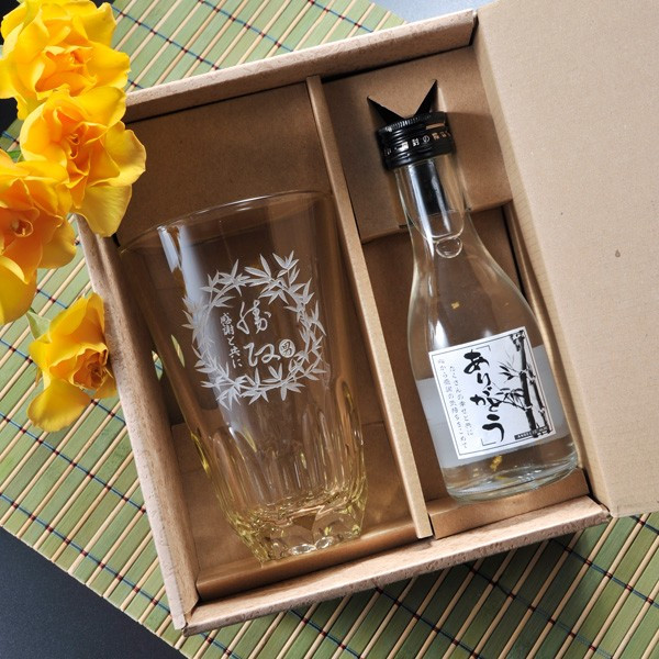 【名入れ プレゼント】【 酒 】 本格焼酎道楽　琥珀ロングタンブラー＆金箔入り焼酎セット ギフトBOX入り