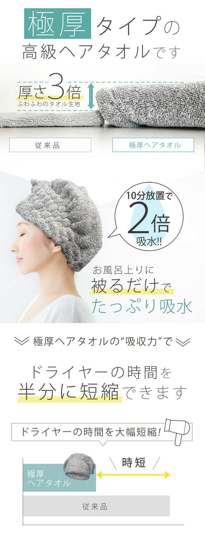楽天市場 髪美人育成プロジェクト 超吸水極厚ヘアキャップ ヘアタオル 仕上げのドライヤー時間を短縮する速乾吸水ヘアキャップ水分吸収ヘアドライ ヘアキャップ M便 1 3 ディープケア 楽天市場店