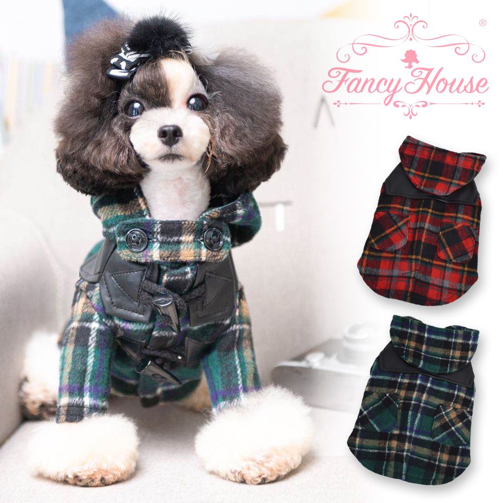 21春夏新色 可愛い House Fancy フード付き ダッフルコート 柄 チェック 犬服 10 Offクーポン アウター送料無料 返品保証対象 プレゼント 犬の服 ペット 愛犬 ファンシーハウス 冬 秋 グリーン レッド ラグジュアリー メーカー ブランド 通販 Fh