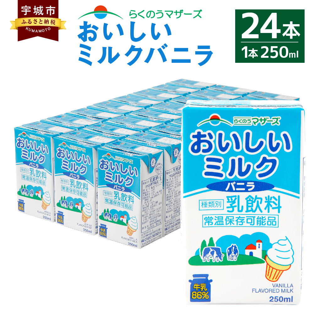 ふるさと納税 おいしいミルクバニラ 24本 250ml 24本 1ケース ミルク バニラ バニラ風味 牛乳86 使用 乳飲料 乳性飲料 カルシウム 乳果オリゴ糖入り らくのうマザーズ ドリンク 飲み物 飲料 セット 紙パック 常温保存可能 ロングライフ 送料無料 Factor100 Co Il