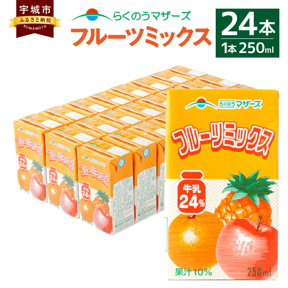 ふるさと納税 フルーツミックス 24本 250ml 24本 1ケース ミックスジュース 乳飲料 乳性飲料 アップル リンゴ パイナップル パイン オレンジ みかん らくのうマザーズ ドリンク 飲み物 飲料 セット 紙パック 常温保存可能 ロングライフ 送料無料 甘みのあるアップルと