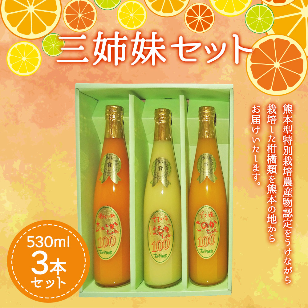 楽天市場 ふるさと納税 三姉妹 530ml 3本セット 合計1 59リットル 吉田果樹園 ジュース オレンジジュース みかんジュース あいかちゃん このかちゃん はるかちゃん 温州みかん 不知火 はるか 国産 九州産 熊本産 柑橘 果物 送料無料 熊本県宇城市