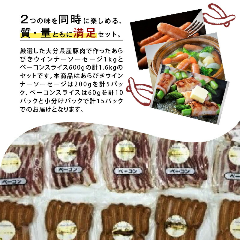 市場 ふるさと納税 豚肉 ソーセージ 大分産 食べきりサイズ 粗びき あらびきウインナー ベーコンスライスセット1.6kg 粗挽き