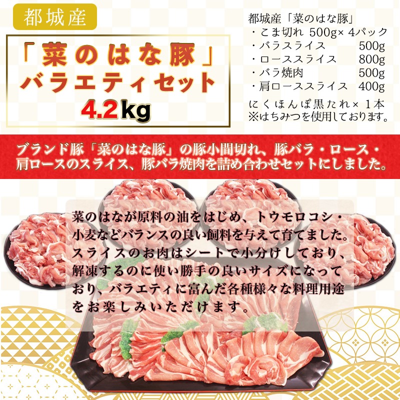 ふるさと納税 都城産 菜のはな豚 バラエティセット 4 2kg 豚肉セット 豚こま切れ肉 豚バラスライス 豚ローススライス 豚バラ焼肉用など モンドセレクション金賞受賞オリジナル焼肉のタレ付き 送料無料 Ma 3112 宮崎県都城市は令和2年度ふるさと納税日本一 Pnima