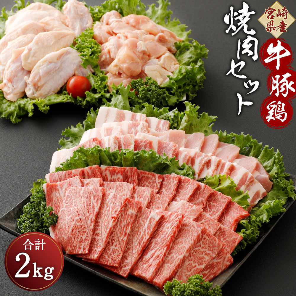 ふるさと納税 宮崎県産 焼肉セット 合計2kg 牛肉 豚肉 鶏肉 冷凍 小分け 牛ウデ 豚バラ 若鶏モモ 手羽先 鳥肉 送料無料 宮崎県新富町