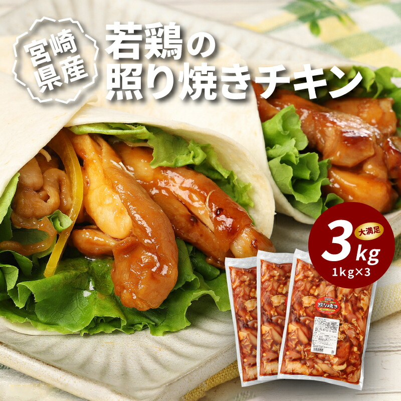 【ふるさと納税】宮崎県産若鶏の照り焼きチキン 3kg - もも肉のみ使用 モモ肉 てりやきチキン 国産鶏肉 味付き肉 味付け肉 焼くだけ 国産若鶏 時短調理 お弁当のおかず おつまみ カット済み 真空パック 1kg×3P 3キロ フライパン調理 らくちん 便利 送料無料【宮崎県木城町】