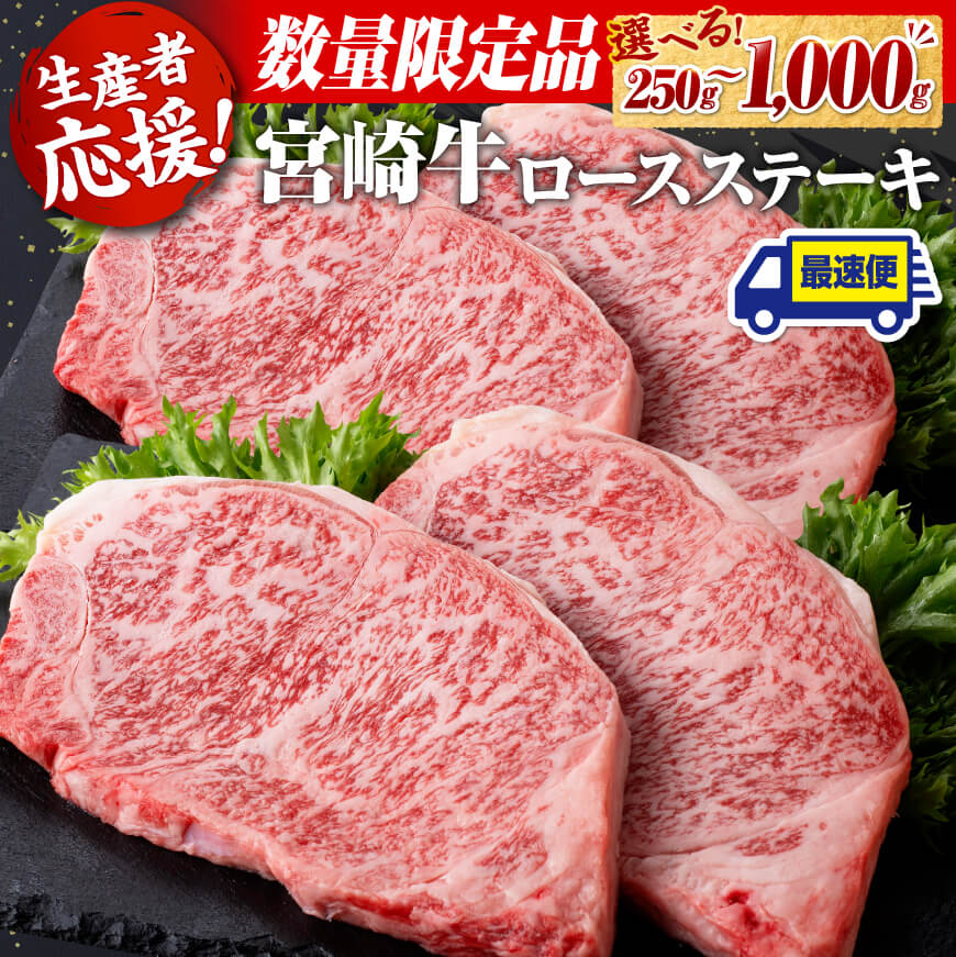 《数量限定》《生産者応援》数量が選べる！宮崎牛ロースステーキ 1枚 (250g)〜4枚 (1000g)