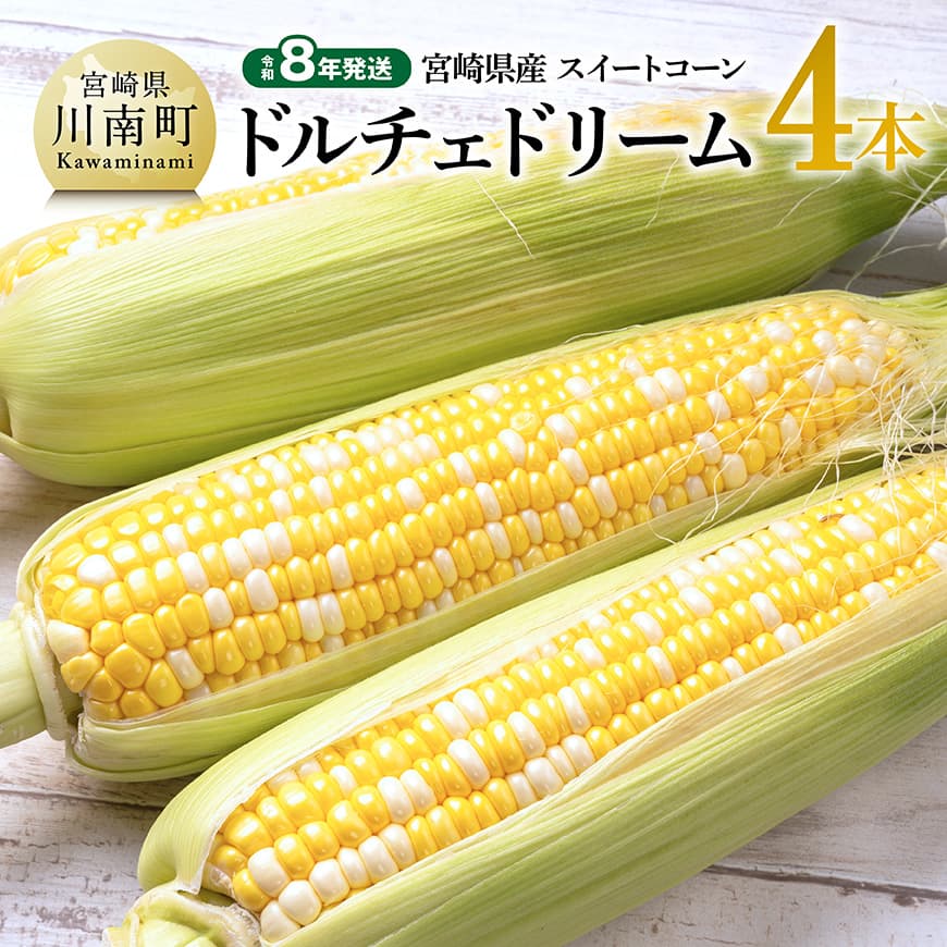 【ふるさと納税】【令和8年発送】宮崎県産とうもろこし　スィートコーン「ドルチェドリーム」4本 - トウモロコシ コーン ドルチェドリーム とうきび 新鮮 野菜 農家直送 期間限定 先行予約 先行受付 九州産 宮崎県産 川南町 送料無料 C10808
