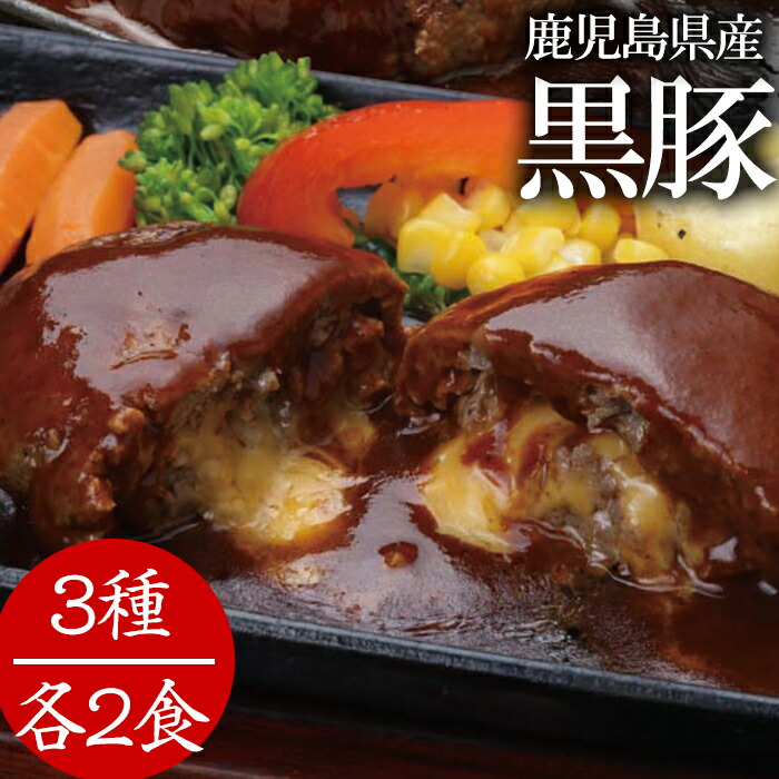 鹿児島県産黒豚煮込みハンバーグ・ステーキセット(計6食分・3種各2食)お手軽!ご家庭で簡単、本場の味!