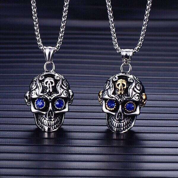 【クーポン利用で5350円】 ペンダント ネックレス 青 ブルー ステンレス スカル ジルコニア レース メンズ 男性 ビンテージ ダブル 目 パンク スチール チャーム ジュエリースカル スケルトン キュービックジルコニア