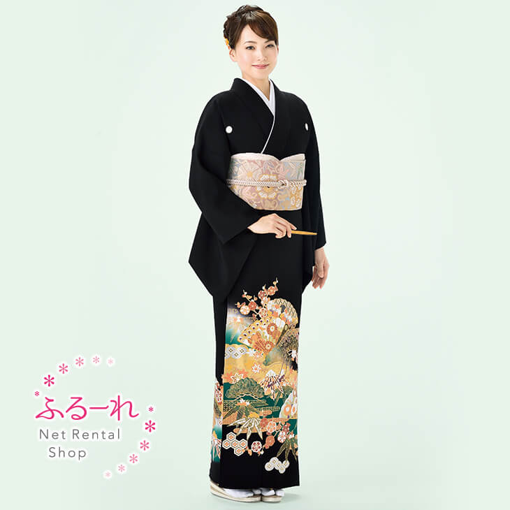 留袖レンタル／留袖　レンタル／留袖フルセット　レンタル／留袖セット／留袖レンタル　結婚式／女性和服／着物レンタル／黒留袖　RT0104【158cm~168cm】fy16REN07 ことほぎ 平安舞扇
