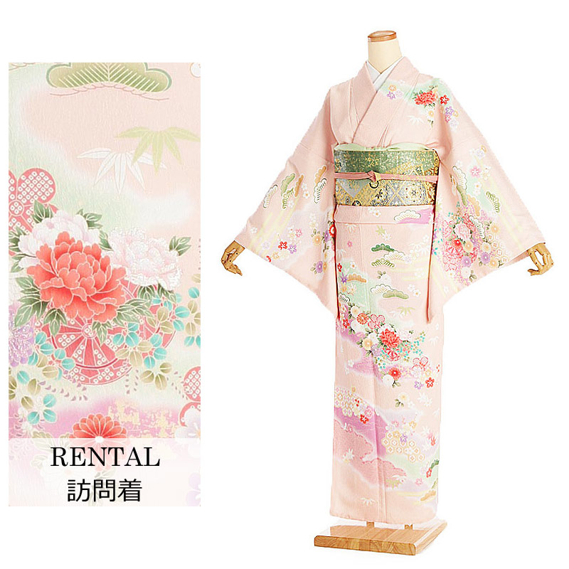 【レンタル】訪問着レンタル 15号～19号 広幅 ピンク 花 th-043 着物レンタル 新品足袋プレゼント 訪問着 草履 バッグ セット 袋帯 着物レンタル フルセット 160cm 165cm 170cm 15号 17号 19号 3L 4L 5L 貸衣装 大柄サイズ 高身長