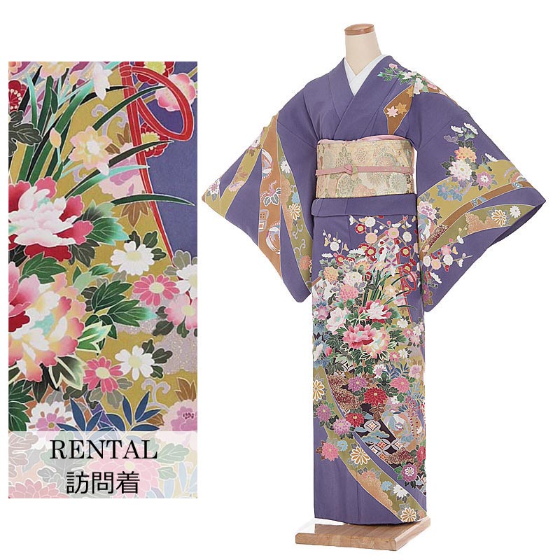 【レンタル】訪問着レンタル 正絹 7号～13号 150～160cm ブルー系花柄束ね熨斗 新品足袋プレゼント 訪問着 草履 バッグ セット 袋帯 着物レンタル フルセット 150cm 155cm 160cm 7号 9号 11号 13号 S M L LL 貸衣装 0079