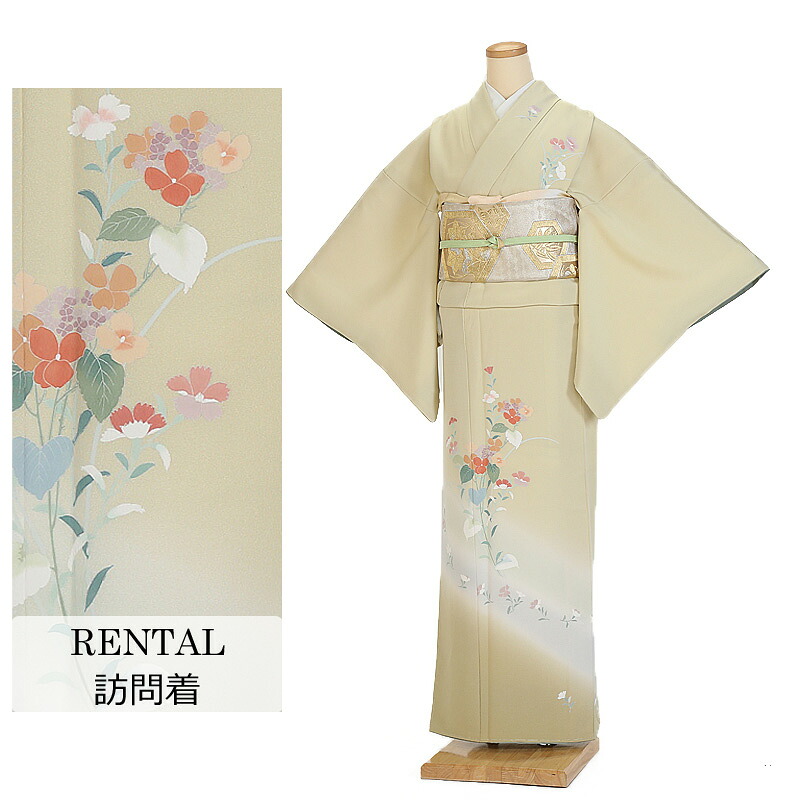 【レンタル】訪問着レンタル 正絹 友禅染 若竹色 秋の花々 9号～13号 155～165cm 着物レンタル 新品足袋プレゼント 訪問着 草履 バッグ セット 袋帯 着物レンタル フルセット 155cm 160cm 165cm M L LL 貸衣装 0092