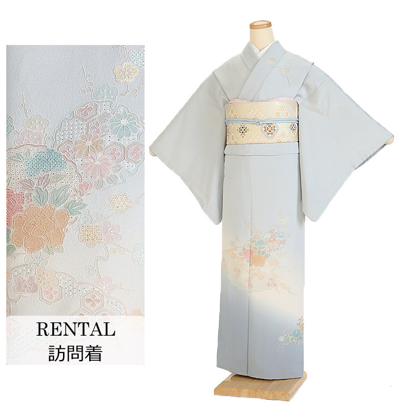 【レンタル】訪問着レンタル 正絹 桜・梅刺繍 グレー 7号～13号 150～157cm 着物レンタル 新品足袋プレゼント 訪問着 草履 バッグ セット 袋帯 着物レンタル フルセット 150cm 155cm S M L LL 貸衣装 0105