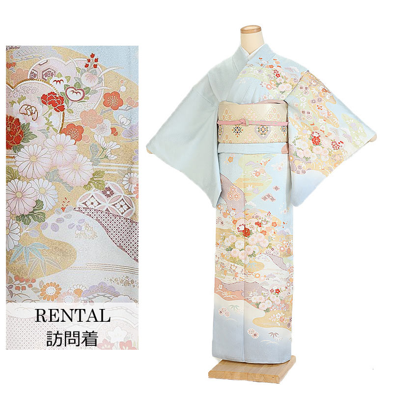 【レンタル】訪問着レンタル 正絹 花尽くし グラデーション 水色 7号～13号 150～160cm 着物レンタル 新品足袋プレゼント 訪問着 草履 バッグ セット 袋帯 着物レンタル フルセット 150cm 155cm 160cm S M L LL 貸衣装 0109