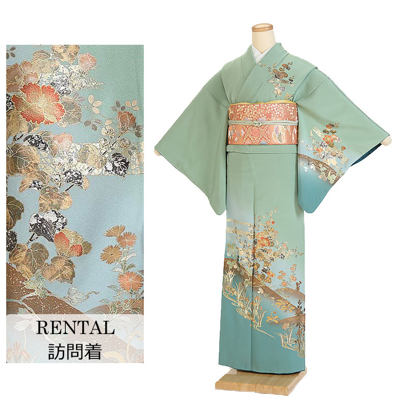 【レンタル】訪問着レンタル 正絹 花尽くし 金箔押し 緑系 7号～13号 145～155cm 着物レンタル 新品足袋プレゼント 訪問着 草履 バッグ セット 袋帯 着物レンタル フルセット 145cm 150cm 155cm S M L LL 貸衣装 0111