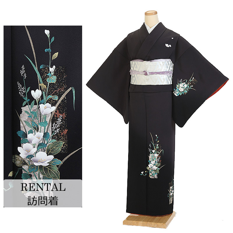 【レンタル】訪問着レンタル 正絹 四季の花尽くし グレー 7号～11号 150～160cm 着物レンタル 新品足袋プレゼント 訪問着 草履 バッグ セット 袋帯 着物レンタル フルセット 150cm 155cm 160cm S M L 貸衣装 0117