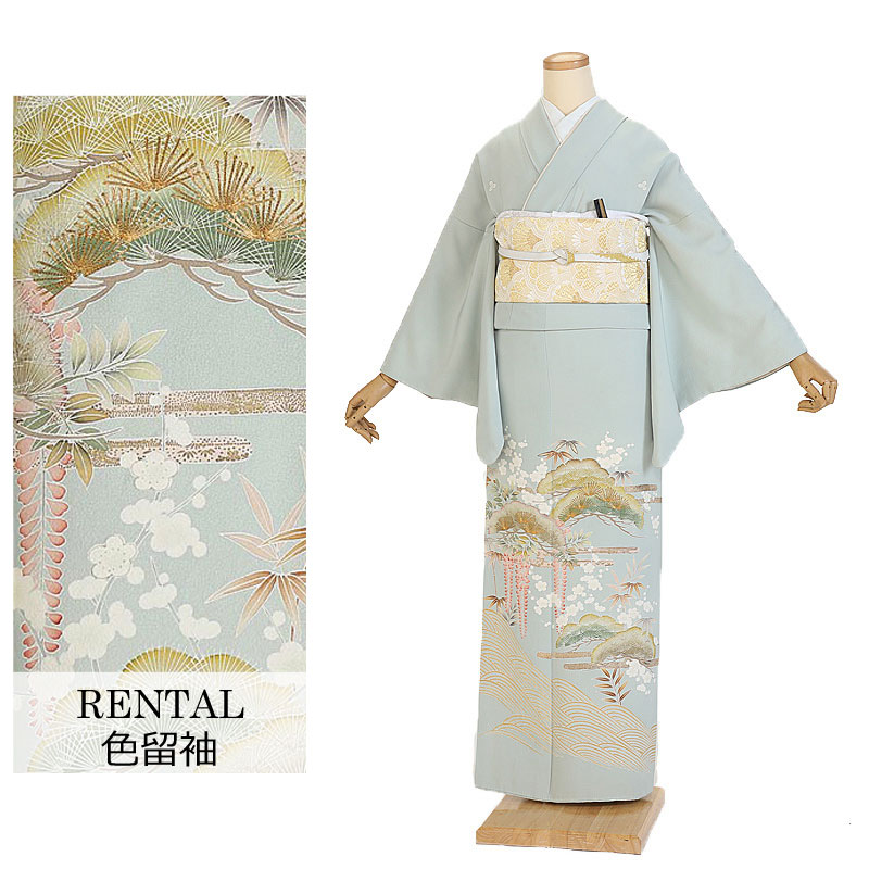 【レンタル】色留袖レンタル 正絹 松竹梅 藤の花 三つ柏紋 緑 7号～13号 150～158cm 着物レンタル 新品足袋プレゼント 色留袖 草履 バッグ セット 袋帯 着物レンタル フルセット 150cm 155cm S M L LL 貸衣装 準礼装 0008 tk｜マタニティ子供喪服レンタルＨ＆Ｈ
