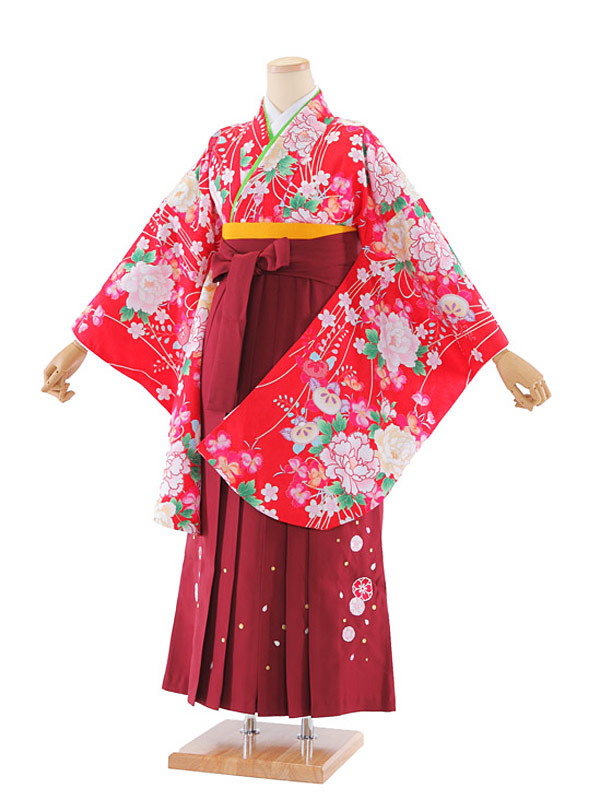 【レンタル】袴レンタル 卒業袴 二尺袖 朱赤地牡丹×エンジ 148～153cm レディース 卒業式セット 謝恩会 卒業式袴レンタル 小さいサイズ 低身長 小柄 女性用袴 大人用 着物レンタル 大学 専門学校 女性和装 貸衣装 かわいい 2408