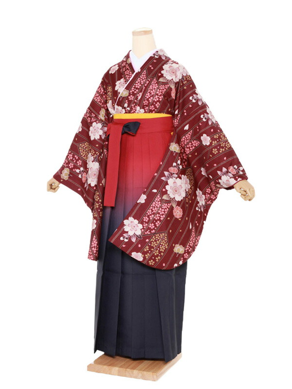 【レンタル】袴レンタル 袴 セット 卒業式 女性 二尺袖 茶×えんじ 紺 グラデーション 桜に矢絣 158~163cm レディース 卒業式袴セット 謝恩会 女性用袴 大人用 着物レンタル 大学 専門学校 女性和装 貸衣装 正統派 2617