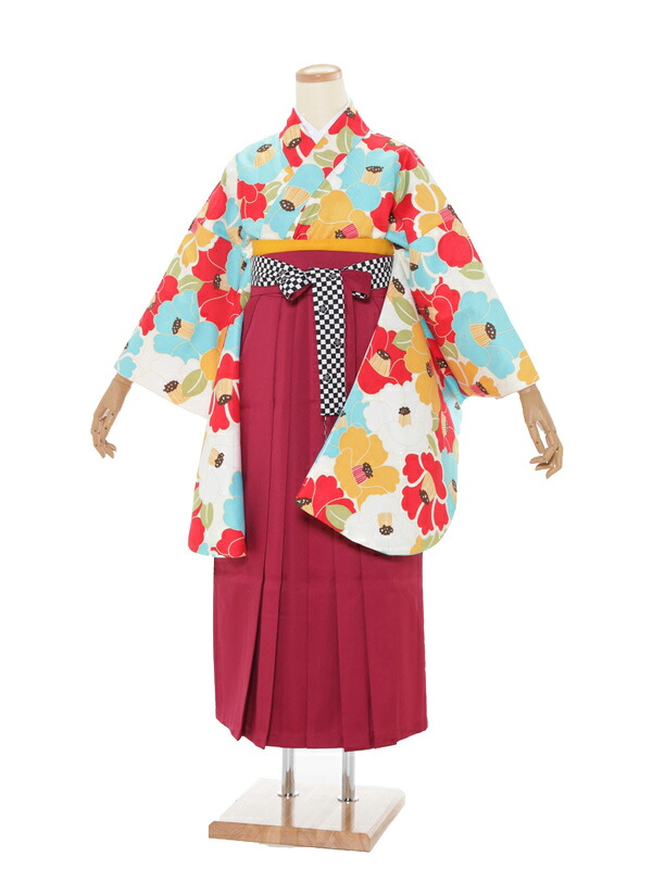 【レンタル】袴レンタル 袴 セット 卒業式 女性 二尺袖 白地椿×えんじ色 148～153cm 卒業袴 謝恩会 卒業式袴レンタル 小さいサイズ 小柄 女性用袴 大人用 着物レンタル 大学 専門学校 女性和装 貸衣装 レトロモダン スモールサイズ 3239