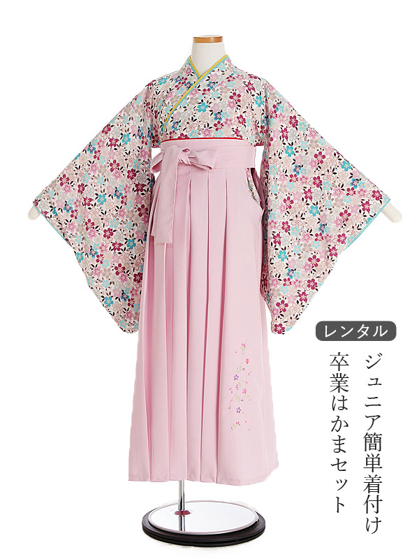 60円 激安本物 New 簡単着付け 卒業袴 卒業式 袴セット 女の子150cm 160cm 12歳前後 女児袴レンタル 日本製ちりめん 桜づくし ピンク地 ピンク袴 小学生 6年生 着物レンタル 貸衣装 子供着物 簡単卒業はかまセット