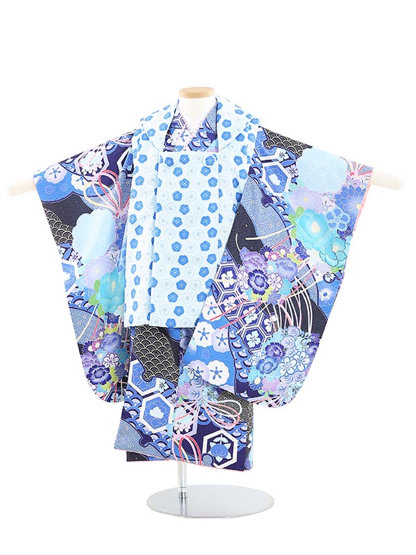 【レンタル】七五三レンタル 女の子 3歳着物フルセット B319 KAGURA レトロ古典柄 和ブーケ 水色×青 被布セット 753着物 レンタル753 着物レンタル 七五三着物 子供着物 貸衣装 往復送料無料