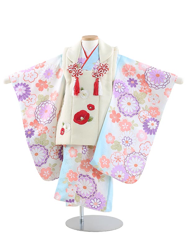 【レンタル】七五三レンタル 女の子 3歳着物フルセット B337 レトロ桜菊 ベージュ 被布セット 753着物 レンタル753 七五三着物 着物レンタル 子供着物 貸衣装 往復送料無料