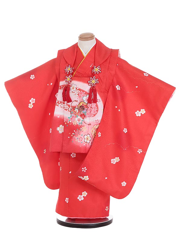 【レンタル】七五三レンタル 女の子 3歳着物フルセット K321|90cm～100cm|赤×赤 桜 小花柄 花車 被布セット 753 3歳|七五三着物|3歳被布|子供着物|753レンタル|貸衣装