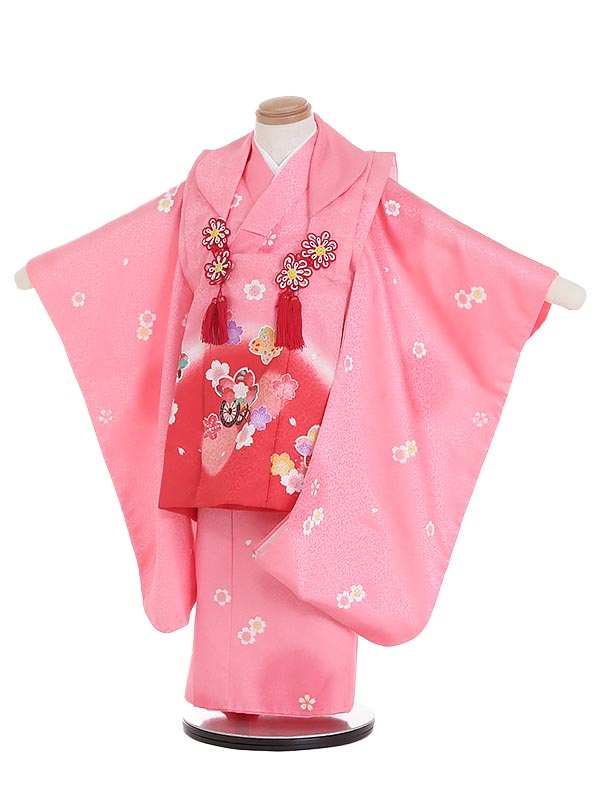 【レンタル】七五三レンタル 女の子 3歳着物フルセット K329|90cm～100cm|赤ぼかし×ピンク 桜 小花柄 花車 被布セット 753 3歳|七五三着物|3歳被布|子供着物|753レンタル|貸衣装