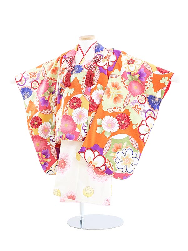 【レンタル】七五三レンタル 女の子 3歳着物フルセット N315 花と鞠 ｵﾚﾝｼﾞ×ｸﾘｰﾑ 被布セット 753着物 レンタル753 子供着物 貸衣装 往復送料無料