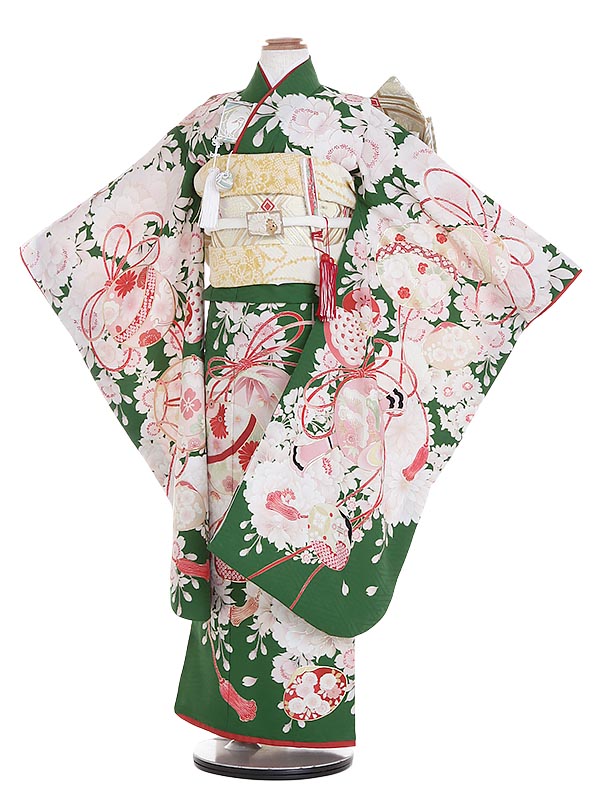 【レンタル】七五三 ７歳着物レンタル 花徒然 緑 古典花柄 吉祥文様 くすみカラーフルセット N739 華徒然 貸衣装 753着物 七五三着物 着物セット 753レンタル 女の子 子供着物 お正月 ひな祭り 結婚式 753 キッズ着物 七五三レンタル きもの