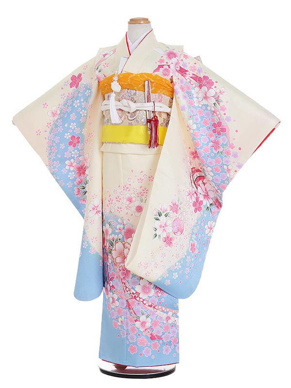 【レンタル】七五三 7歳 着物 レンタル 桜と鞠 フルセット N742 貸衣装 753着物 七五三着物 着物セット 753レンタル 女の子 子供着物 お正月 ひな祭り 結婚式 753 キッズ着物 七五三レンタル きもの クリーム 水色|マタニティ子供喪服レンタルH&H