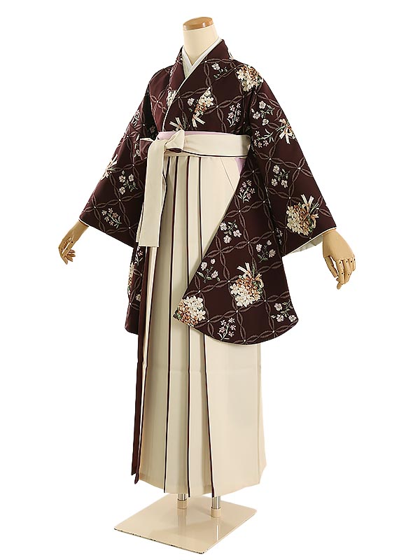 【レンタル】袴レンタル 袴 セット 卒業式 女性 158～163cm 7号～11号 Kamishibai 焦げ茶 くすみブーケ×アイボリーツートン袴 卒業袴 二尺袖 謝恩会 卒業式袴レンタル 女性用袴 大人用 着物レンタル 大学 専門学校 女性和装 貸衣装 かわいい 0ag0191