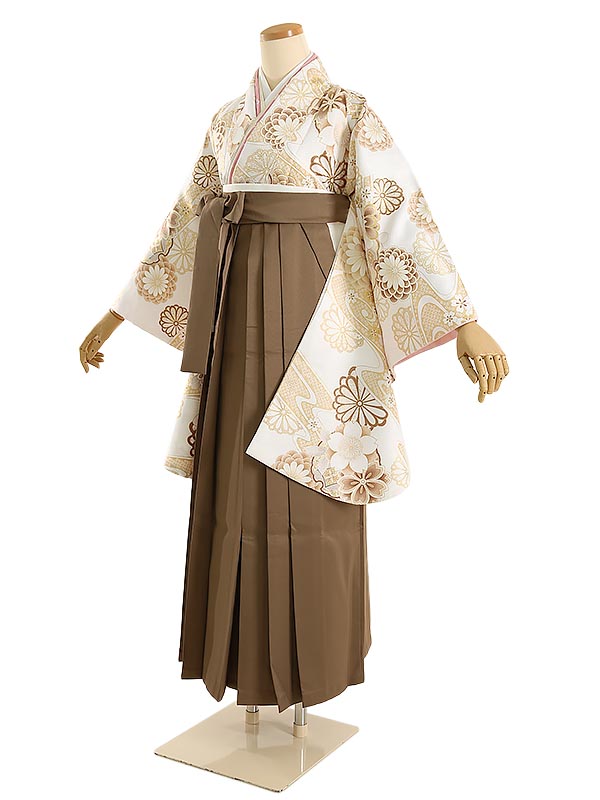 【レンタル】袴レンタル 袴 セット 卒業式 女性 158～163cm 7号～11号 白地 くすみ菊古典×焦げ茶袴 卒業袴 二尺袖 謝恩会 卒業式袴レンタル 女性用袴 大人用 着物レンタル 大学 専門学校 女性和装 貸衣装 クラシック 0ag0194