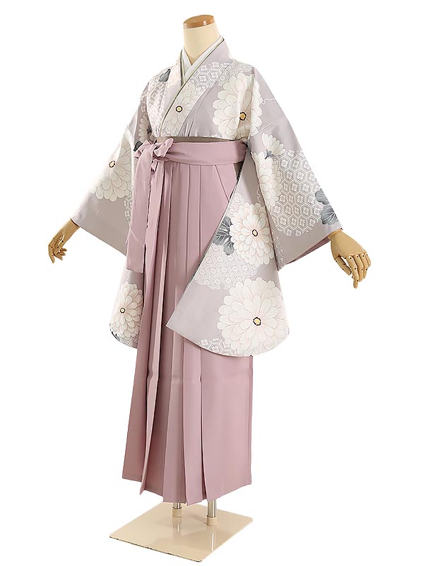 【レンタル】袴レンタル 袴 セット 卒業式 女性 158～163cm 7号～11号 グレー 菊に雪輪×くすみピンク袴 卒業袴 二尺袖 卒業式袴レンタル 謝恩会 女性用袴 大人用 着物レンタル 大学 専門学校 女性和装 貸衣装 かわいい 0ag0196