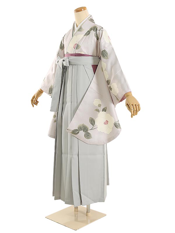 【レンタル】袴レンタル 袴 セット 卒業式 女性 158～163cm 7号～11号 くすみピンク 縞に椿×グレー袴 卒業袴 二尺袖 謝恩会 女性用袴 卒業式袴レンタル 大人用 着物レンタル 大学 専門学校 女性和装 貸衣装 ナチュラル 0ag0199